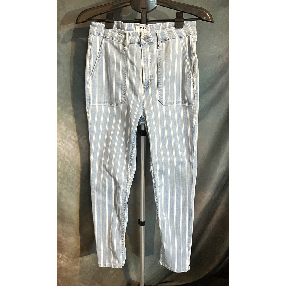 OAT New York High Rise Skinny Ankle Jeans Striped Denim Blue White Women Size 30